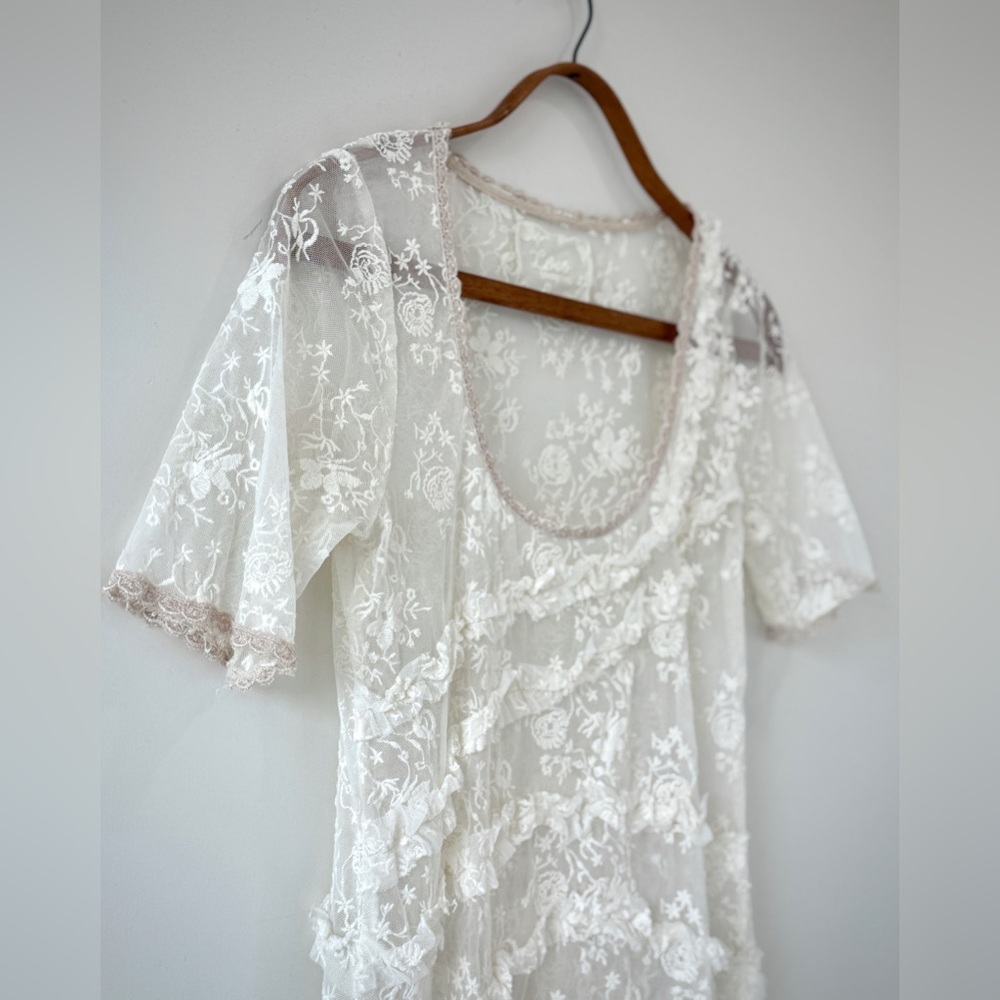 Johnny Was All White Lace Asymmetrical Short Sleeve Baby Doll Dress - Picture 6 of 13